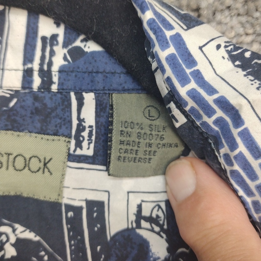 ROBERT STOCK SILK FOOTBALL PLAYER BUTTON UP Blue White All Over Print Men's LG - Picture 7 of 14